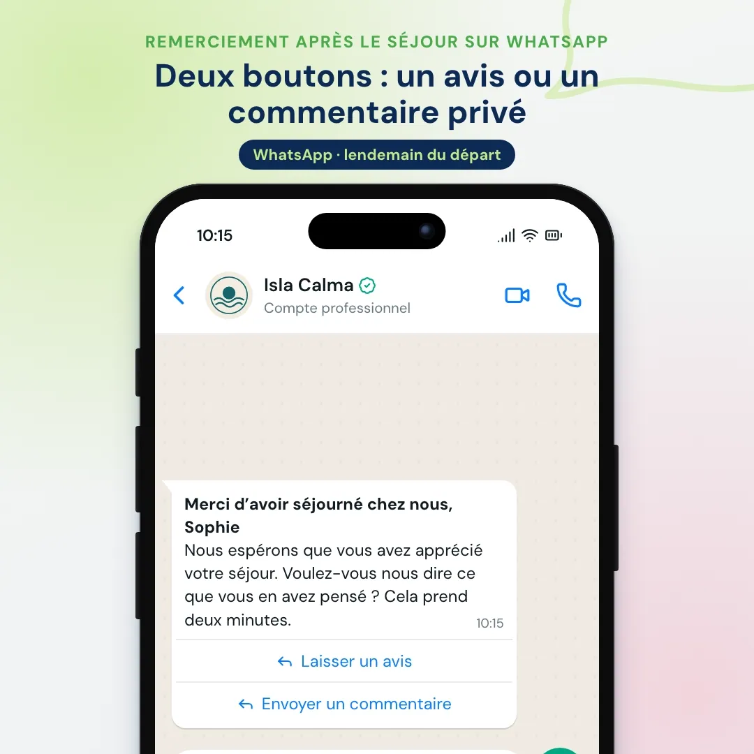Exemple d’e-mail marketing pour hôtel transposé sur WhatsApp : le remerciement après le séjour sur WhatsApp avec des boutons avis et commentaire ; la cliente laisse un commentaire et les relations clients lui répondent