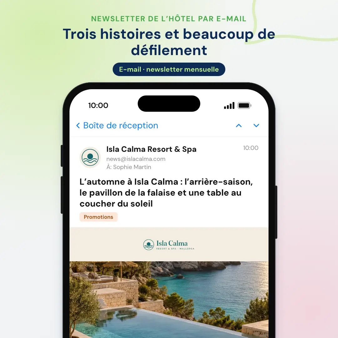 Exemple d’e-mail marketing pour hôtel : la newsletter par e-mail d’un resort de Majorque, ouverte dans une application de messagerie sur mobile
