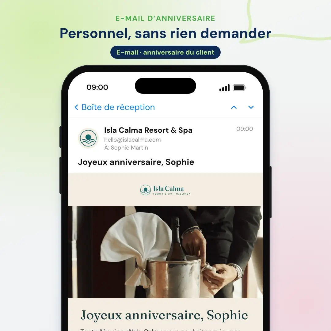 Exemple d’e-mail marketing pour hôtel : l’e-mail d’anniversaire d’un resort de Majorque, ouvert dans une application de messagerie sur mobile