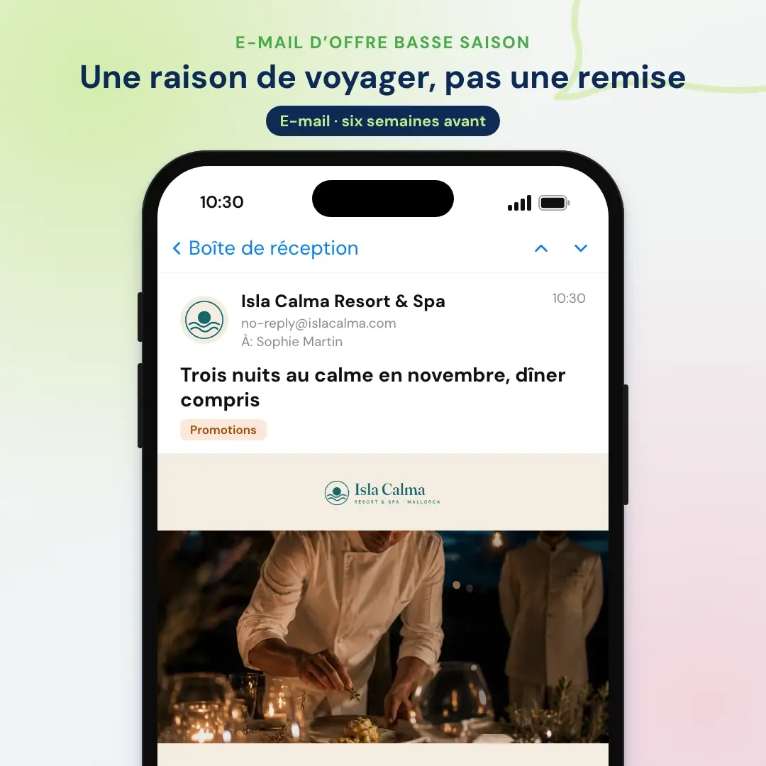 Exemple d’e-mail marketing pour hôtel : l’e-mail d’offre de basse saison d’un resort de Majorque, ouvert dans une application de messagerie sur mobile
