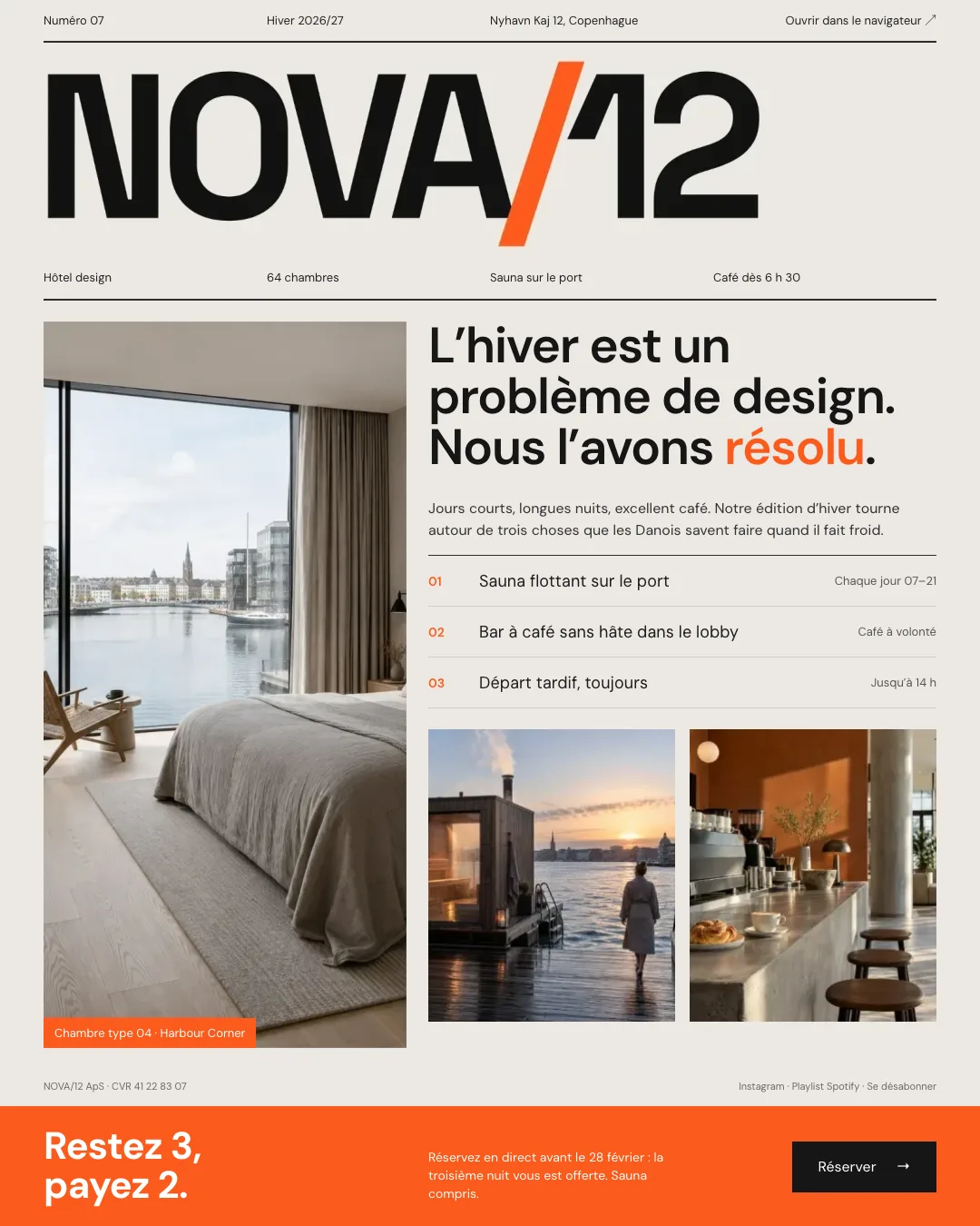 Exemple de newsletter d’un hôtel design de Copenhague : immense logo NOVA/12, photo d’une chambre sur le port, liste numérotée de trois propositions d’hiver et bandeau orange avec l’offre restez 3, payez 2