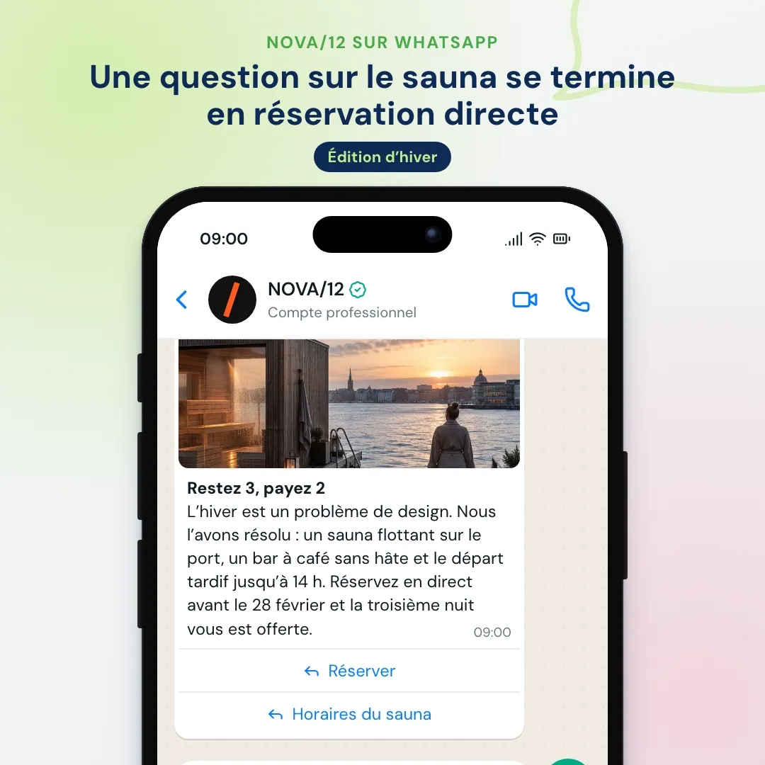 Newsletter WhatsApp d’un hôtel design : offre restez 3, payez 2 avec une photo du sauna sur le port, le client demande les horaires du sauna et l’IA répond avec le lien de réservation