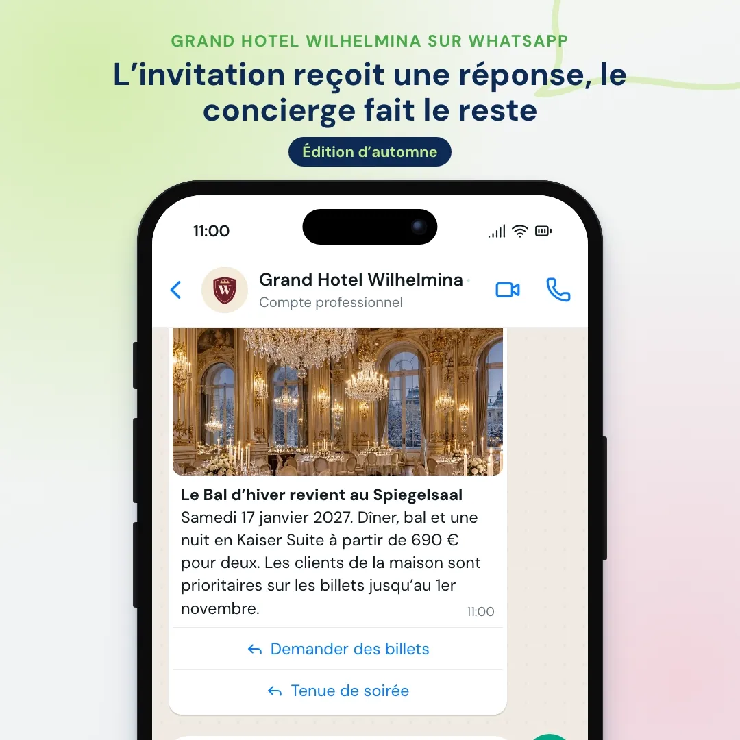 Newsletter WhatsApp d’un grand hôtel : invitation au Bal d’hiver avec une photo de la salle de bal, l’IA répond sur la tenue exigée et le concierge réserve les billets et une suite