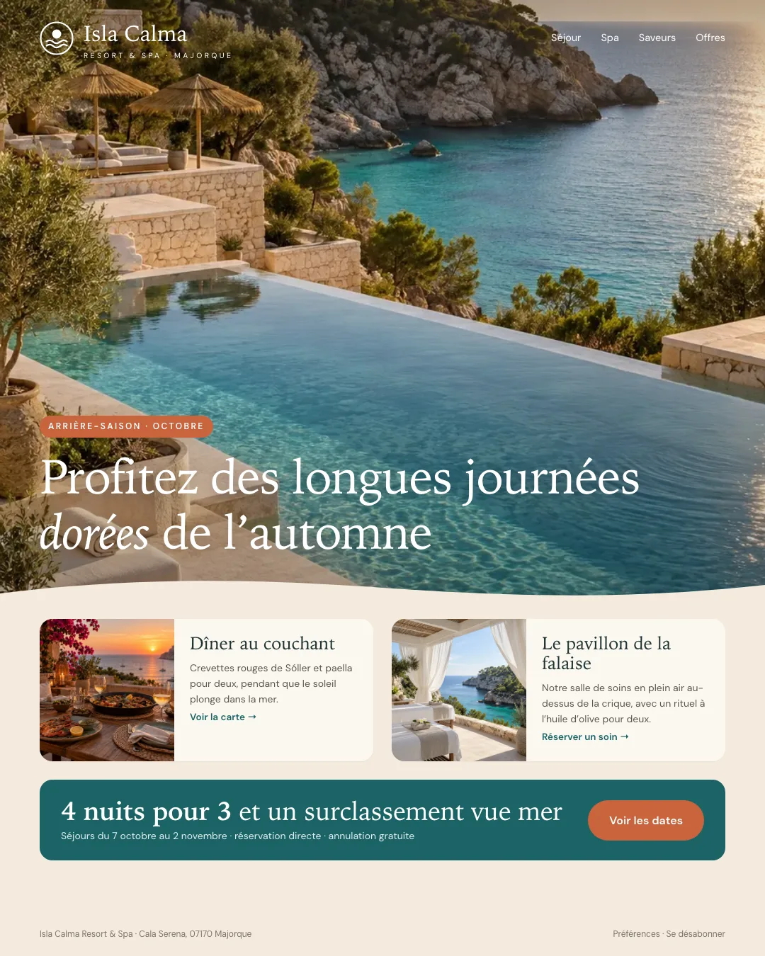 Exemple de newsletter d’un resort balnéaire à Majorque : photo pleine page d’une piscine à débordement avec le titre en surimpression, un séparateur en forme de vague, deux cartes pour le dîner et le spa et une barre de réservation avec l’offre 4 nuits pour 3
