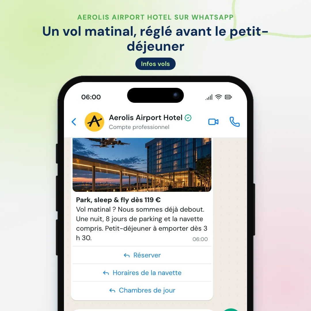 Newsletter WhatsApp d’un hôtel d’aéroport : offre park, sleep and fly, l’IA répond sur les horaires de la navette et le petit-déjeuner matinal et envoie le lien de réservation