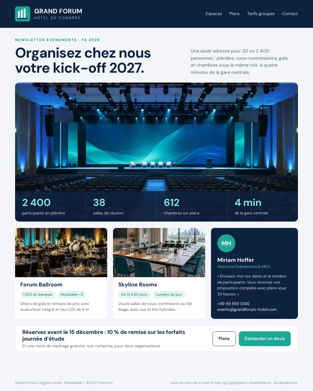 Exemple de newsletter d’un hôtel de congrès pour organisateurs d’événements : photo de l’auditorium, quatre chiffres clés, cartes de la salle de bal et des salles de sous-commission et un contact événementiel nommé
