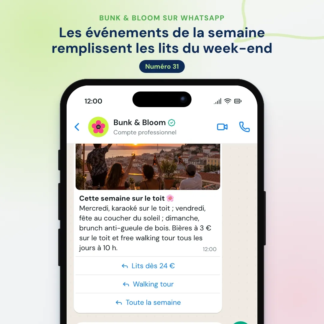 Newsletter WhatsApp d’une auberge de jeunesse : événements de la semaine avec une photo du coucher de soleil sur le toit, l’IA présente le free walking tour et trouve des lits pour le week-end