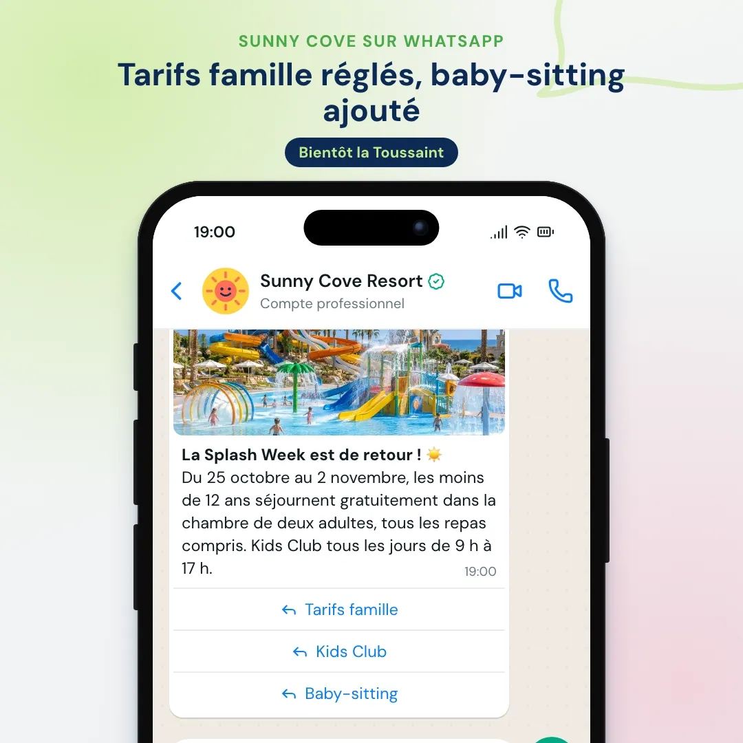 Newsletter WhatsApp d’un resort familial : offre enfants gratuits avec une photo du parc aquatique, l’IA répond sur les enfants et un lit bébé, la cliente réserve et le kids club ajoute le baby-sitting