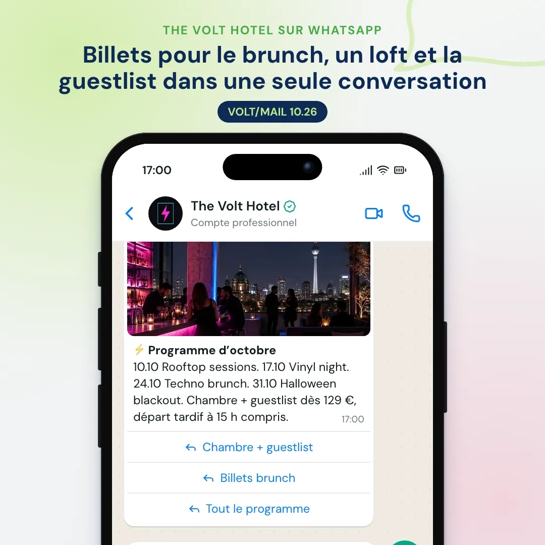 Newsletter WhatsApp d’un hôtel lifestyle : programme d’octobre avec une photo du rooftop, l’IA présente le techno brunch et la réception réserve les billets du brunch et une chambre loft