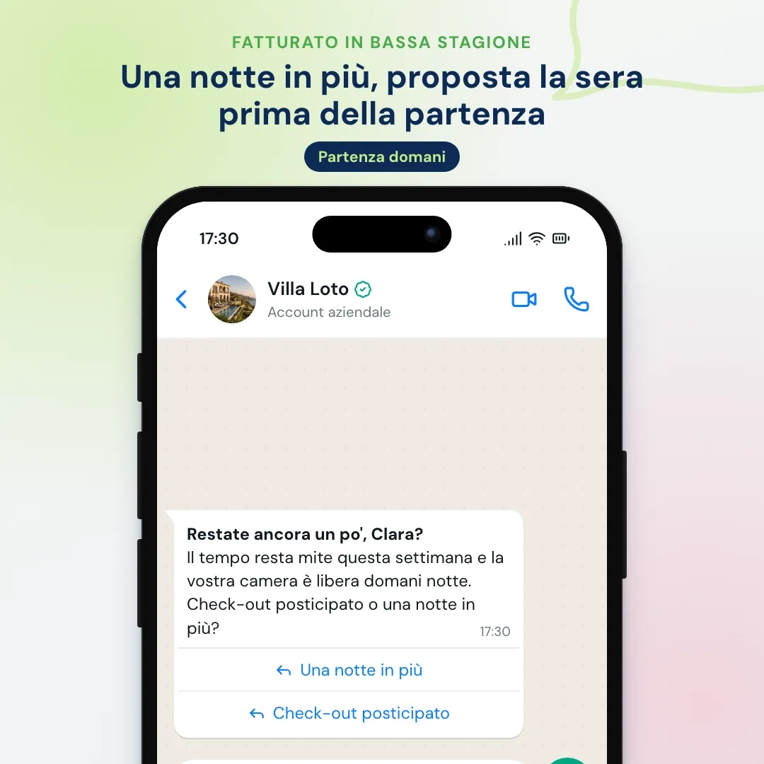 Offerta WhatsApp dell'hotel in bassa stagione: una notte in più o check-out posticipato la sera prima della partenza; la cliente resta