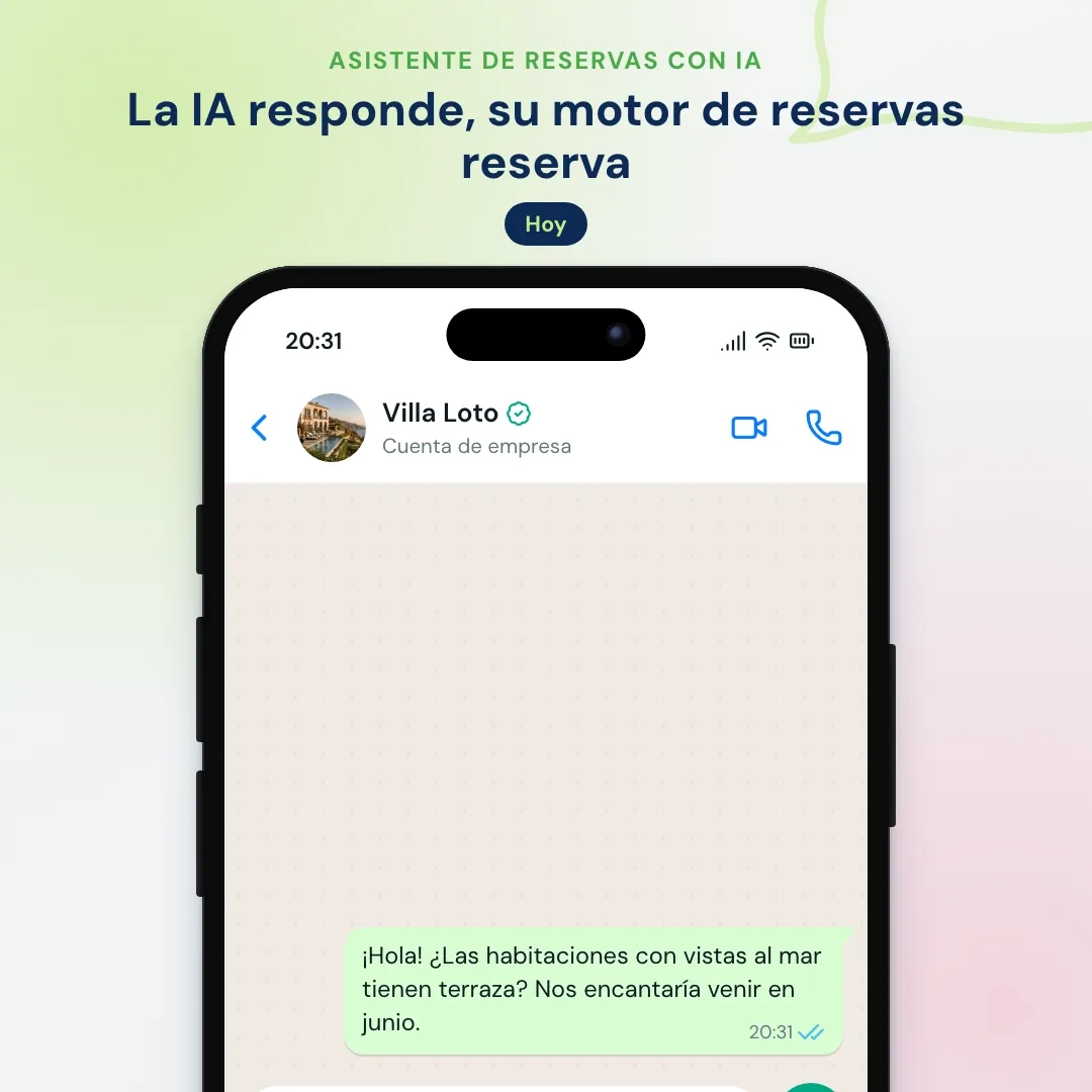 Asistente de reservas con IA para hoteles en WhatsApp: la IA responde a una pregunta sobre la habitación y envía el enlace al motor de reservas con fechas y personas ya rellenadas