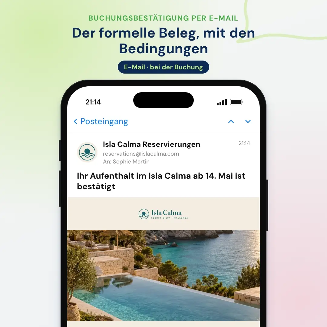 Beispiel für Hotel-E-Mail-Marketing: die Buchungsbestätigung eines Resorts auf Mallorca, geöffnet in einer Mail-App auf dem Handy