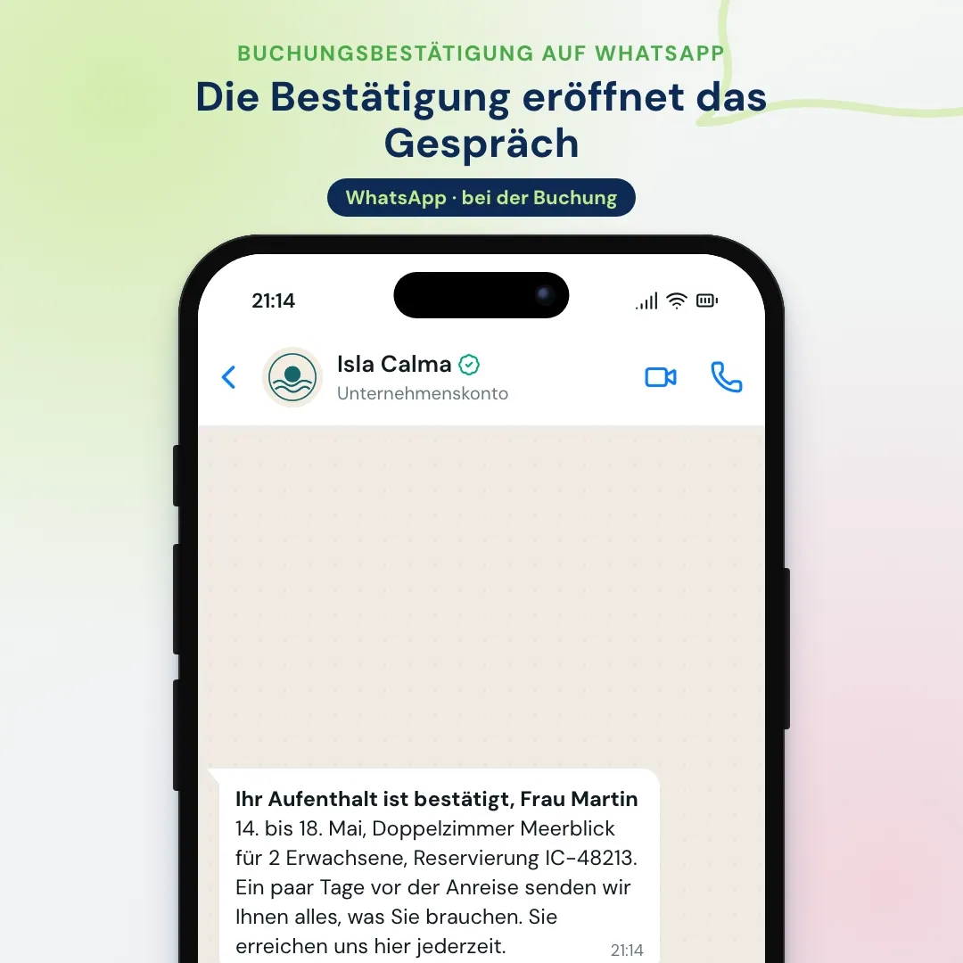 Beispiel für Hotel-E-Mail-Marketing auf WhatsApp: die Buchungsbestätigung als WhatsApp-Nachricht; der Gast fragt nach dem Parken und die KI antwortet