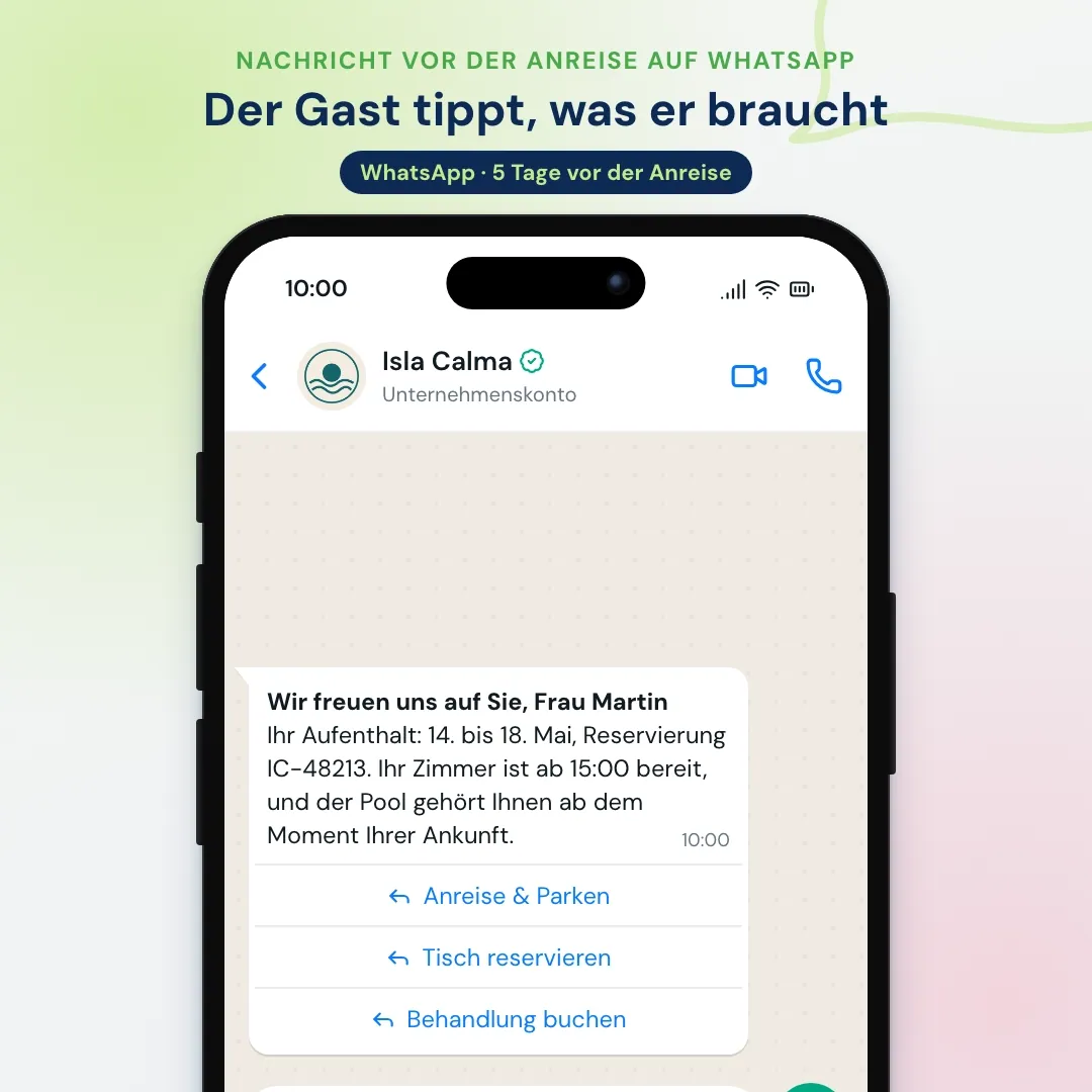 Beispiel für Hotel-E-Mail-Marketing auf WhatsApp: die Nachricht vor der Anreise auf WhatsApp mit drei Buttons; der Gast fragt nach dem Gepäck und das Front Office antwortet