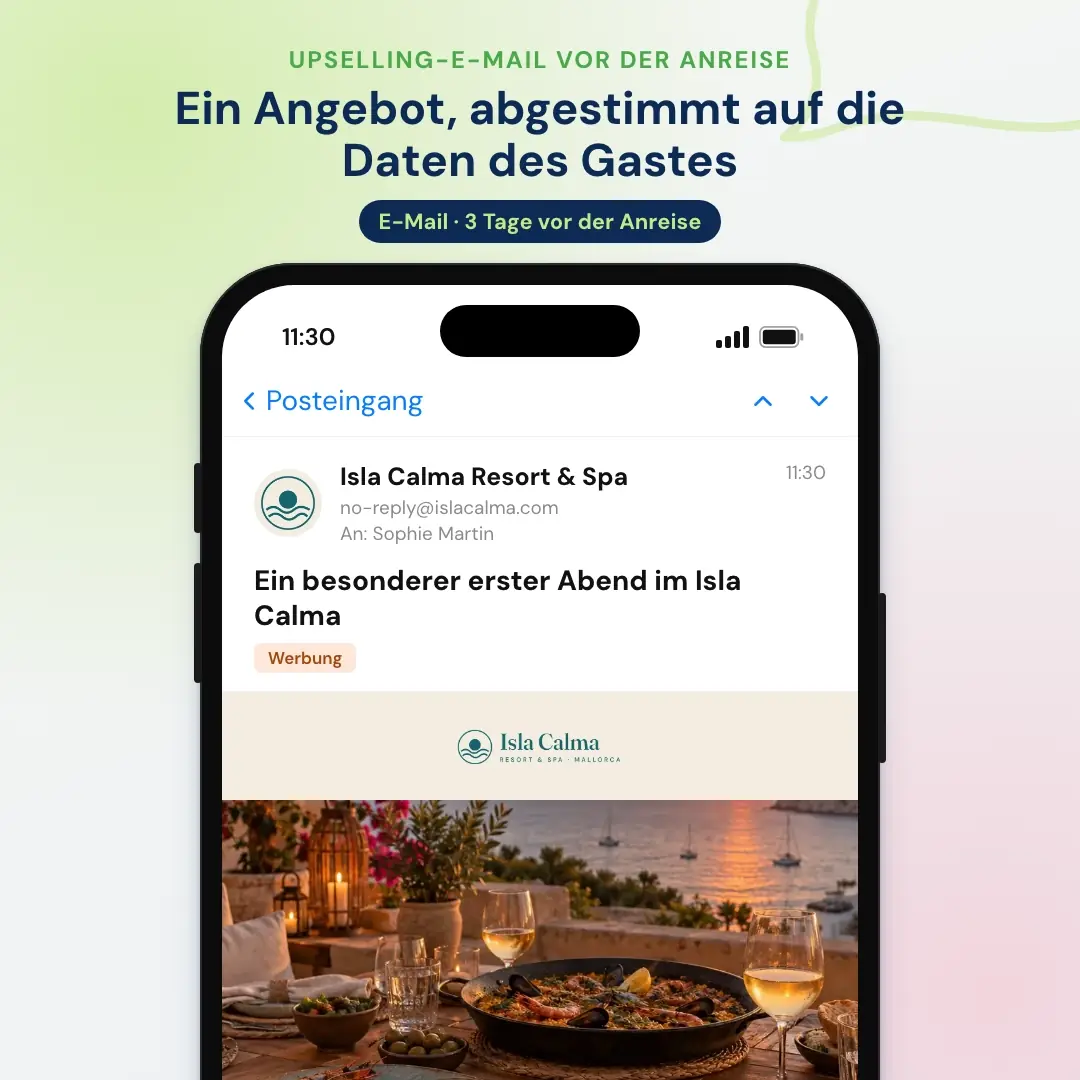 Beispiel für Hotel-E-Mail-Marketing: die Upselling-E-Mail vor der Anreise eines Resorts auf Mallorca, geöffnet in einer Mail-App auf dem Handy