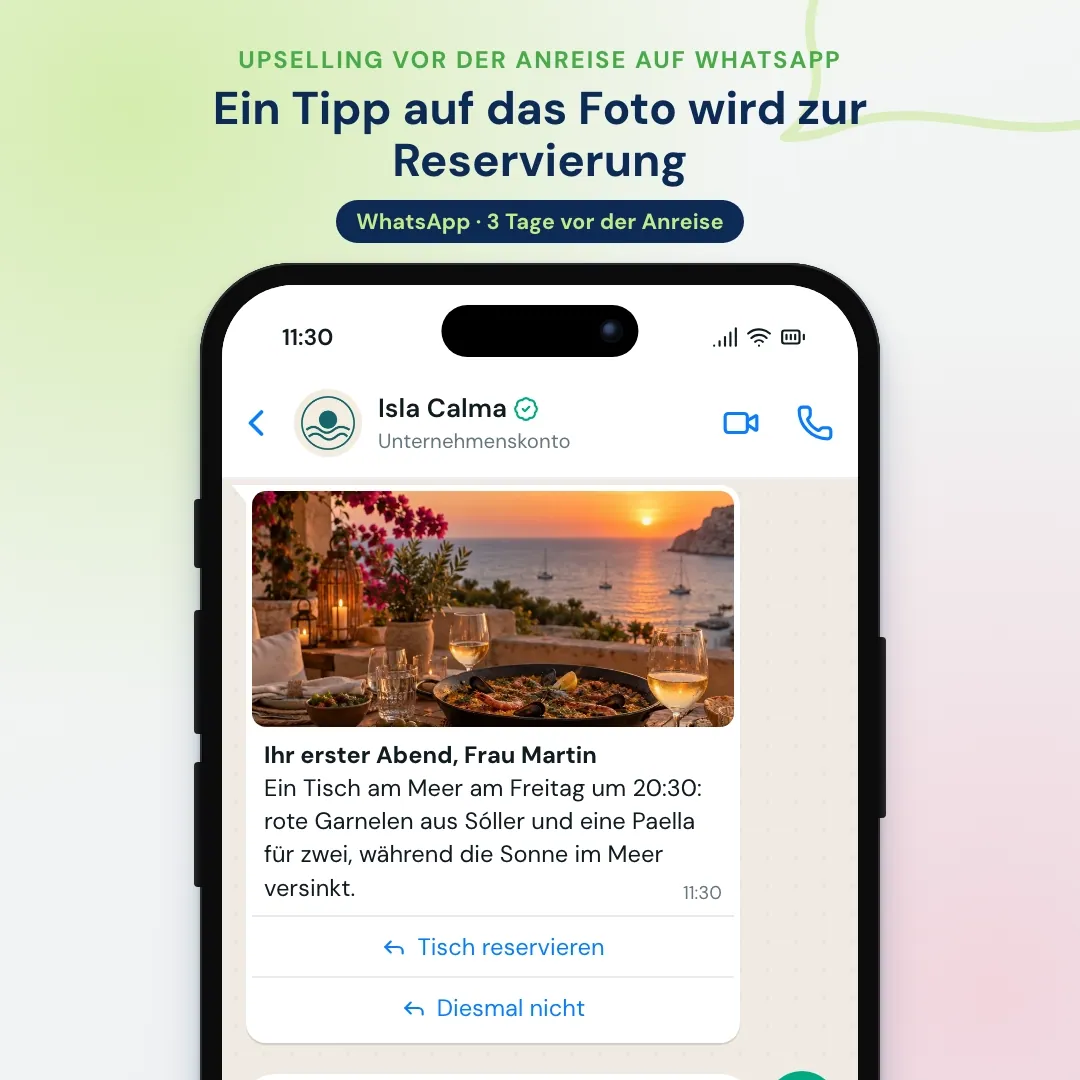 Beispiel für Hotel-E-Mail-Marketing auf WhatsApp: das Dinner-Angebot auf WhatsApp mit Foto und zwei Buttons; der Gast reserviert und das Restaurant ergänzt eine Flasche Wein