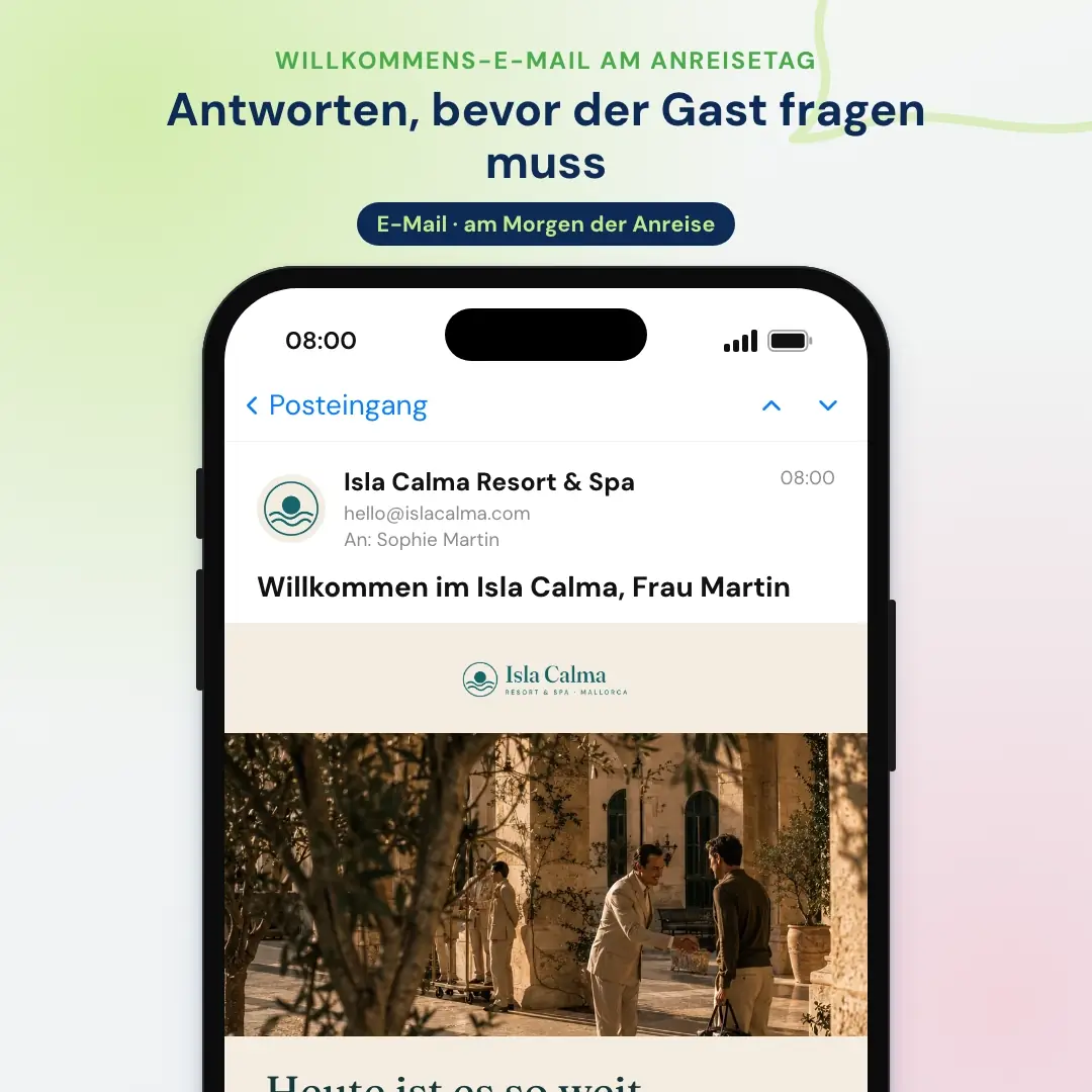 Beispiel für Hotel-E-Mail-Marketing: die Willkommens-E-Mail am Anreisetag eines Resorts auf Mallorca, geöffnet in einer Mail-App auf dem Handy