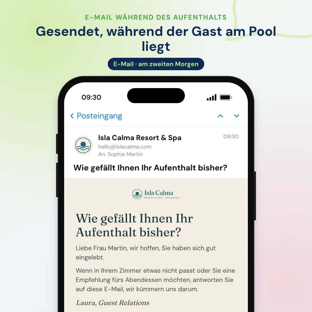 Beispiel für Hotel-E-Mail-Marketing: die E-Mail während des Aufenthalts eines Resorts auf Mallorca, geöffnet in einer Mail-App auf dem Handy