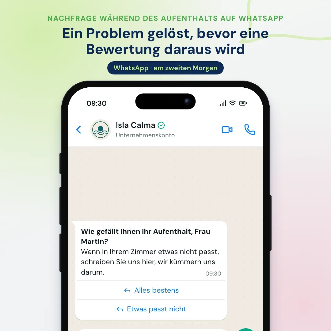Beispiel für Hotel-E-Mail-Marketing auf WhatsApp: die Nachfrage während des Aufenthalts auf WhatsApp; der Gast meldet eine laute Klimaanlage und das Front Office schickt einen Techniker