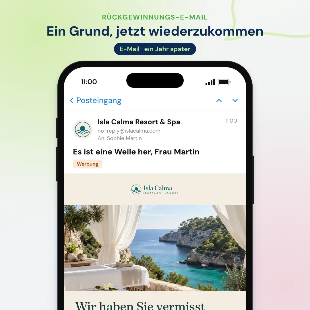 Beispiel für Hotel-E-Mail-Marketing: die Rückgewinnungs-E-Mail an frühere Gäste eines Resorts auf Mallorca, geöffnet in einer Mail-App auf dem Handy