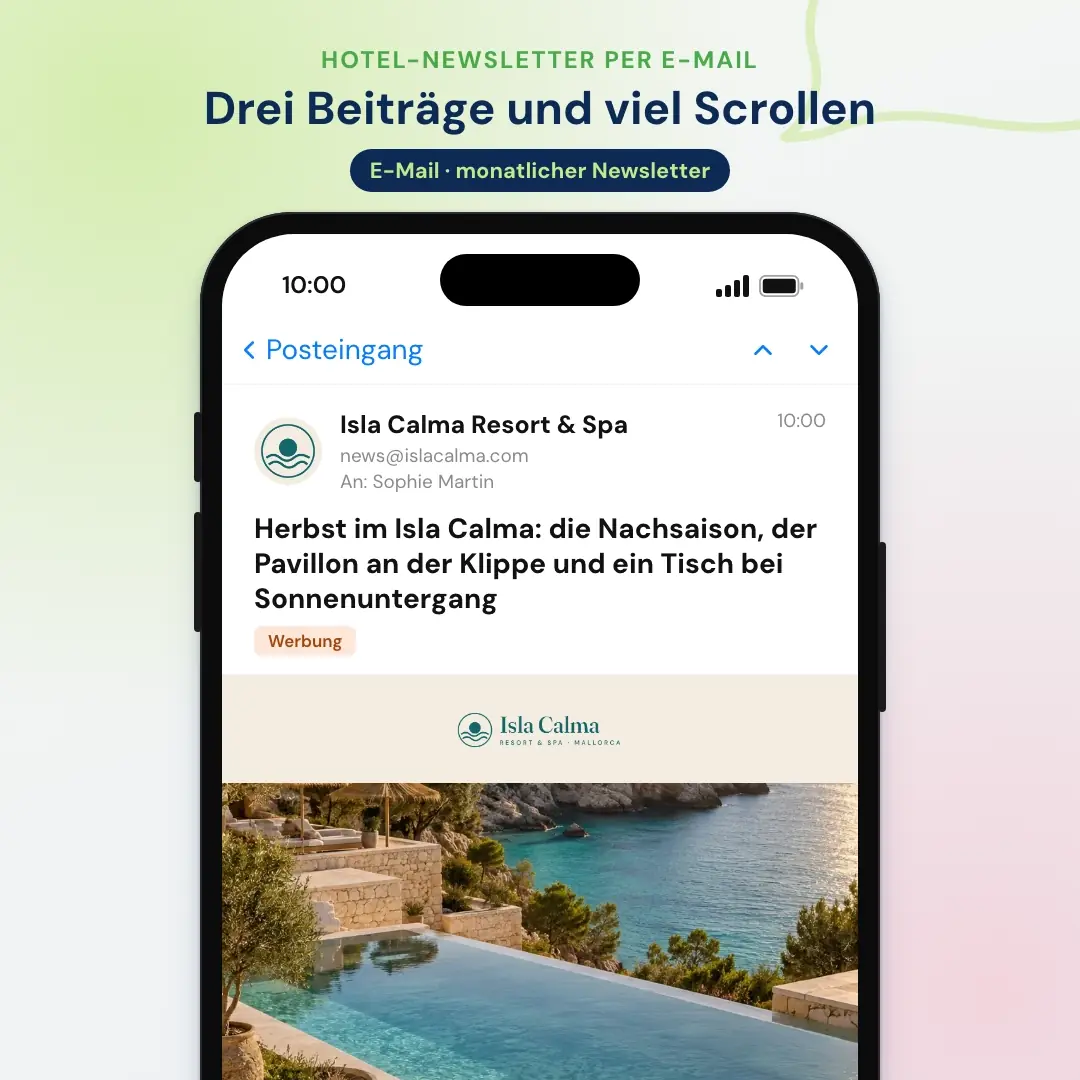 Beispiel für Hotel-E-Mail-Marketing: der Hotel-Newsletter eines Resorts auf Mallorca, geöffnet in einer Mail-App auf dem Handy