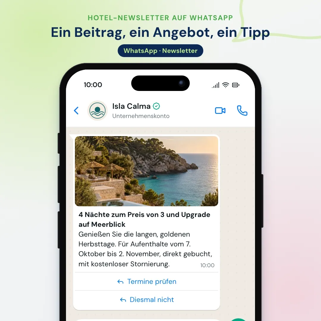 Beispiel für Hotel-E-Mail-Marketing auf WhatsApp: der Hotel-Newsletter auf WhatsApp als ein Angebot mit Foto; die KI bestätigt die Daten des Gastes und sendet die Buchungsseite