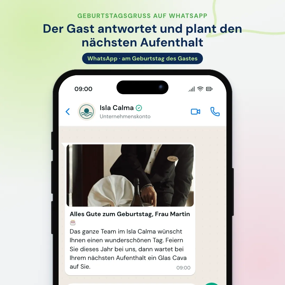 Beispiel für Hotel-E-Mail-Marketing auf WhatsApp: der Geburtstagsgruß auf WhatsApp; der Gast antwortet mit Plänen für einen neuen Besuch und die Guest Relations bieten dasselbe Zimmer an