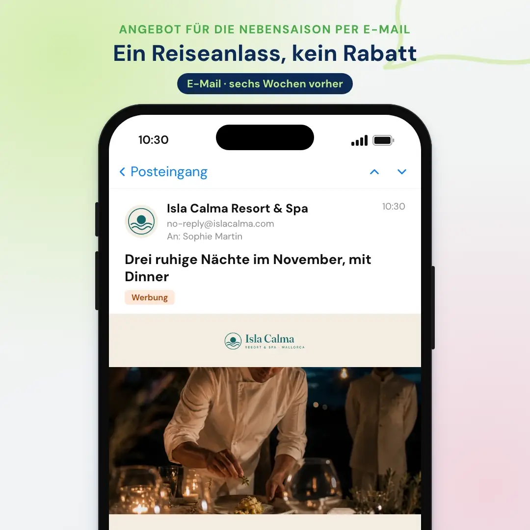 Beispiel für Hotel-E-Mail-Marketing: das Angebot für die Nebensaison von einem Resort auf Mallorca, geöffnet in einer Mail-App auf dem Handy