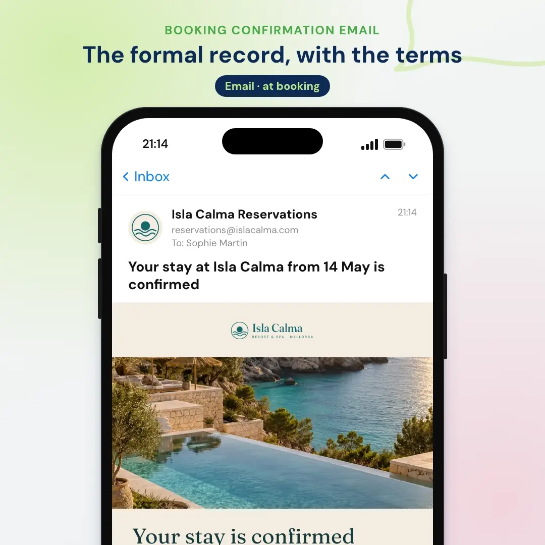 Hotel email marketing example: the booking confirmation email from a Mallorca resort, opened in a mail app on a phone