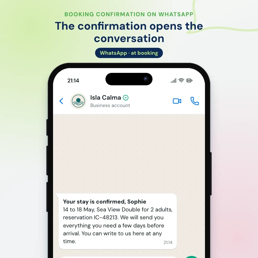 Hotel email marketing example moved to WhatsApp: the booking confirmation as a WhatsApp message; the guest asks about parking and the AI answers