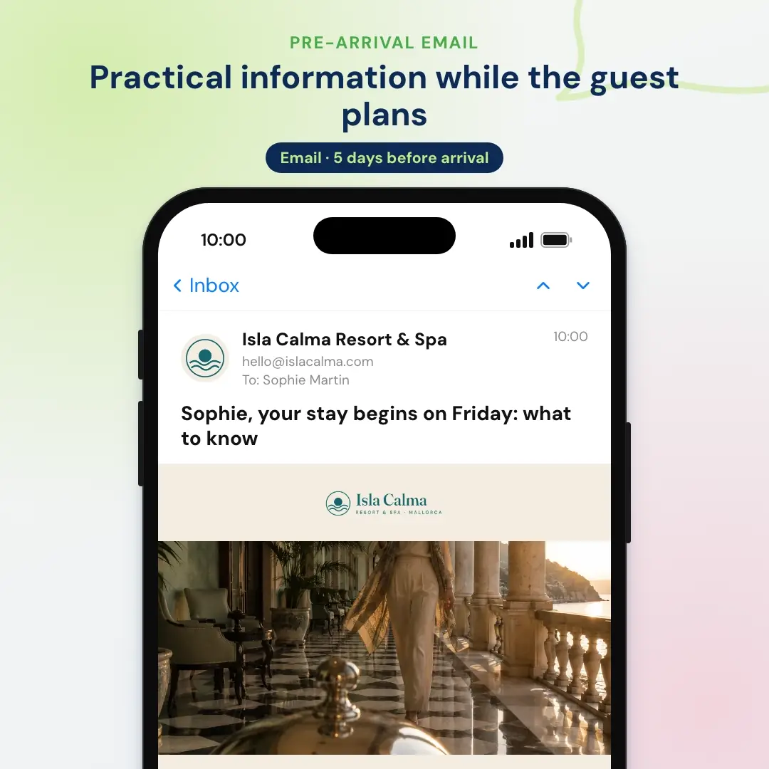 Hotel email marketing example: the pre-arrival email from a Mallorca resort, opened in a mail app on a phone