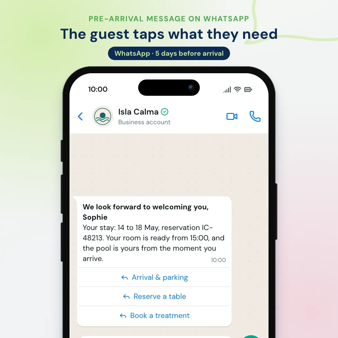 Hotel email marketing example moved to WhatsApp: the pre-arrival message on WhatsApp with three buttons; the guest asks about luggage and the front office answers