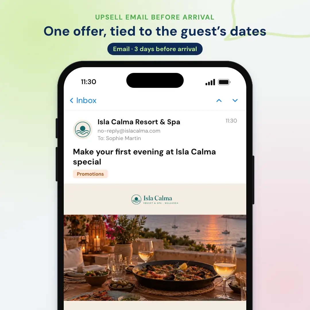 Hotel email marketing example: the upsell email before arrival from a Mallorca resort, opened in a mail app on a phone