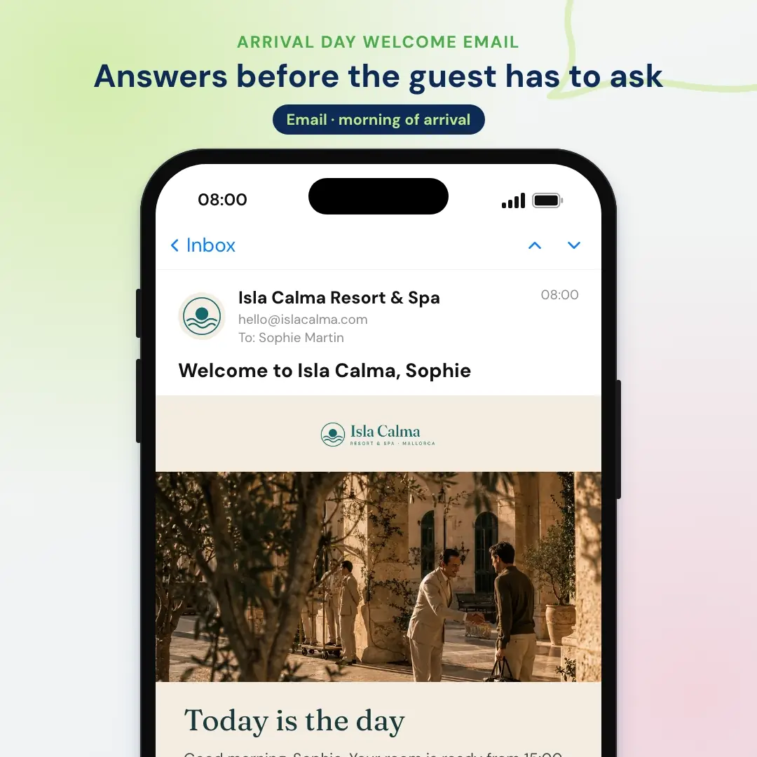 Hotel email marketing example: the arrival day welcome email from a Mallorca resort, opened in a mail app on a phone