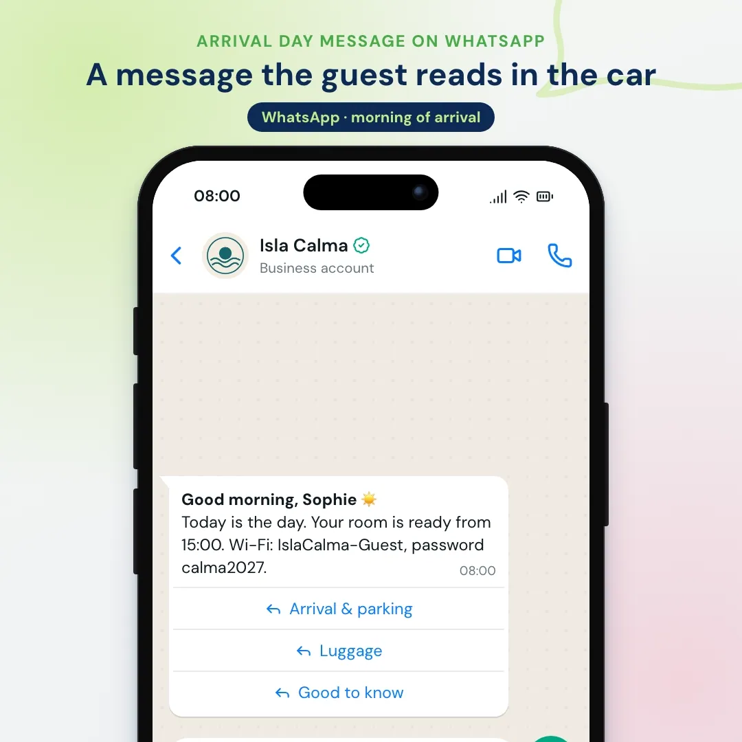 Hotel email marketing example moved to WhatsApp: the arrival day message on WhatsApp; the guest says the flight is delayed and the front office keeps dinner