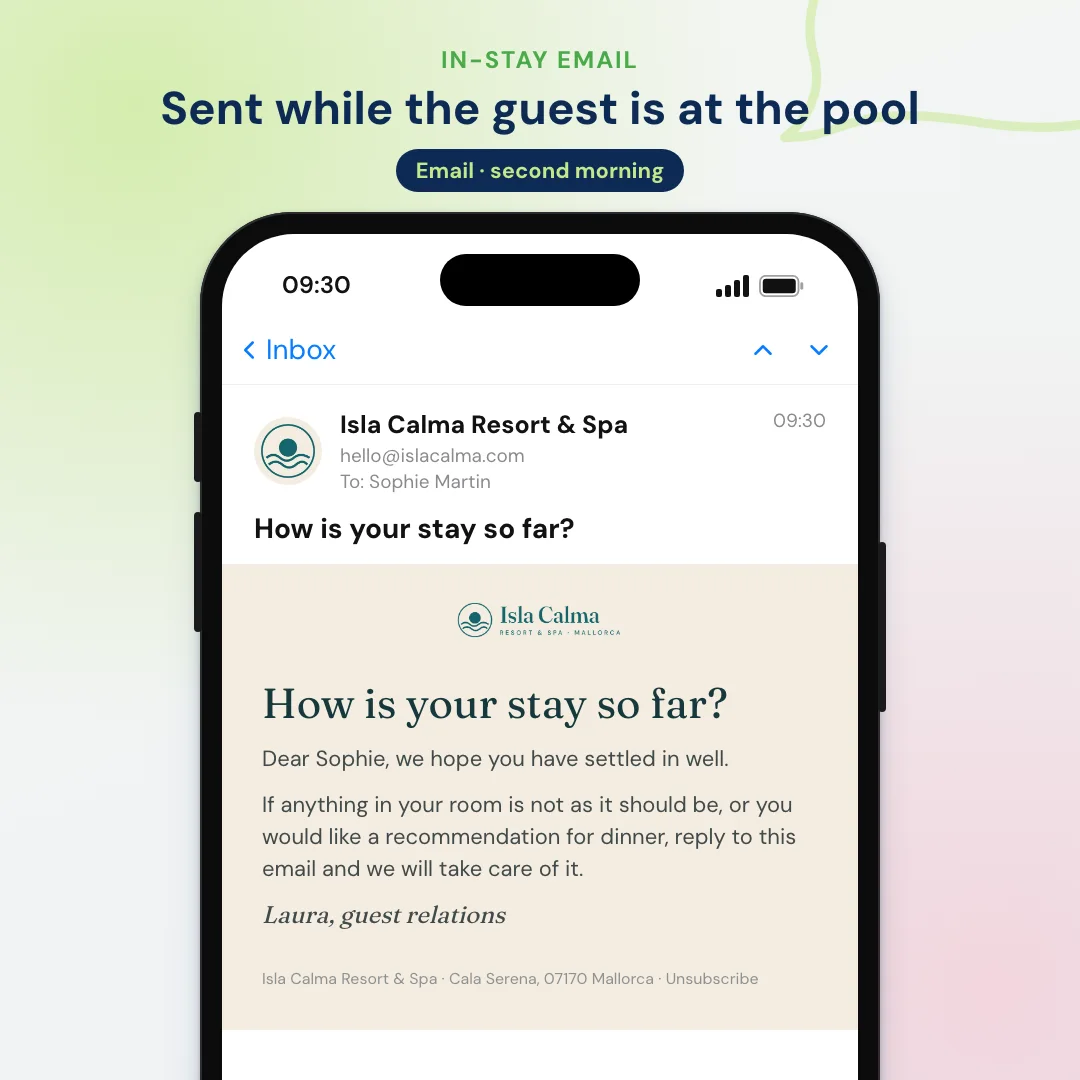 Hotel email marketing example: the in-stay email from a Mallorca resort, opened in a mail app on a phone