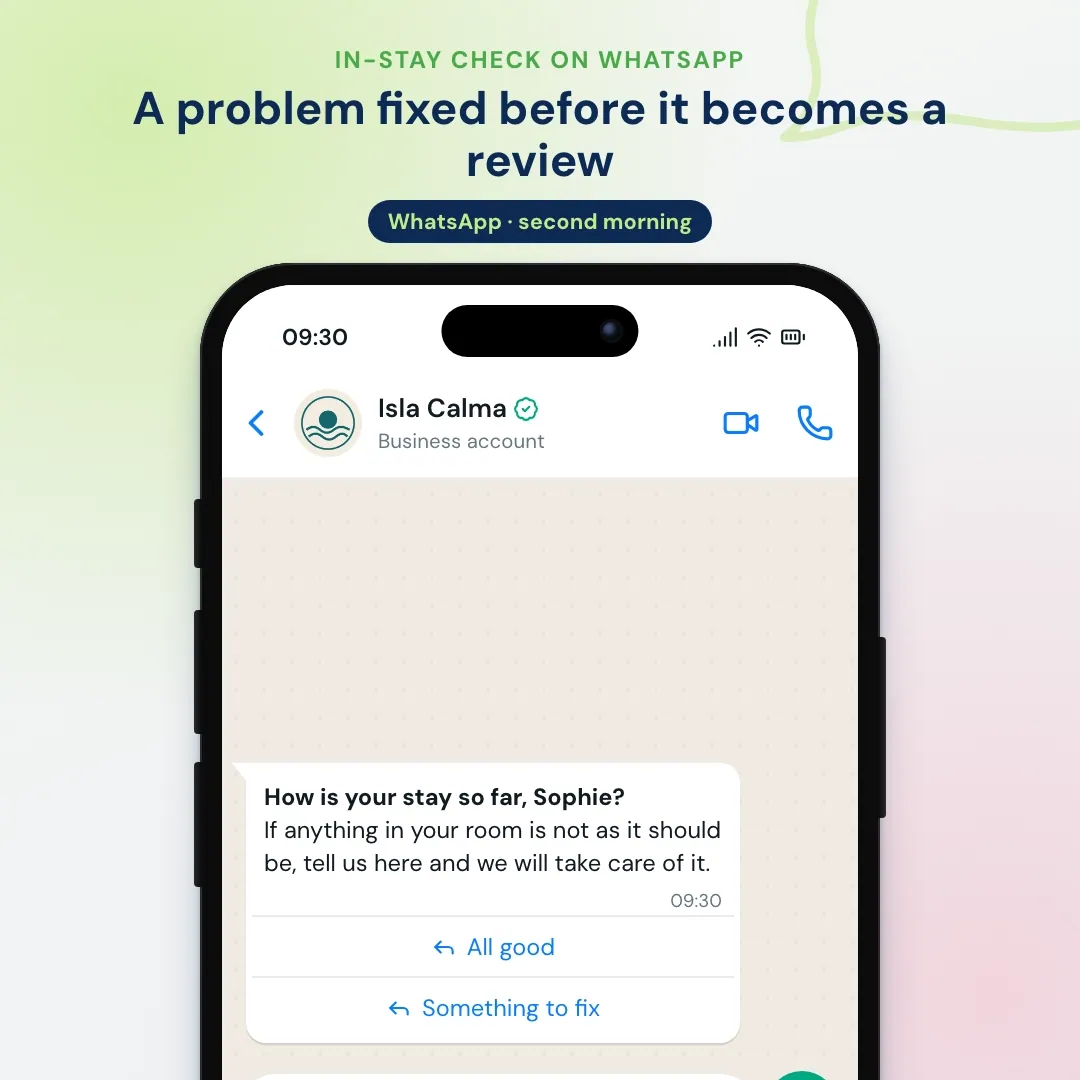 Hotel email marketing example moved to WhatsApp: the in-stay check on WhatsApp; the guest reports a noisy air conditioner and the front office sends a technician