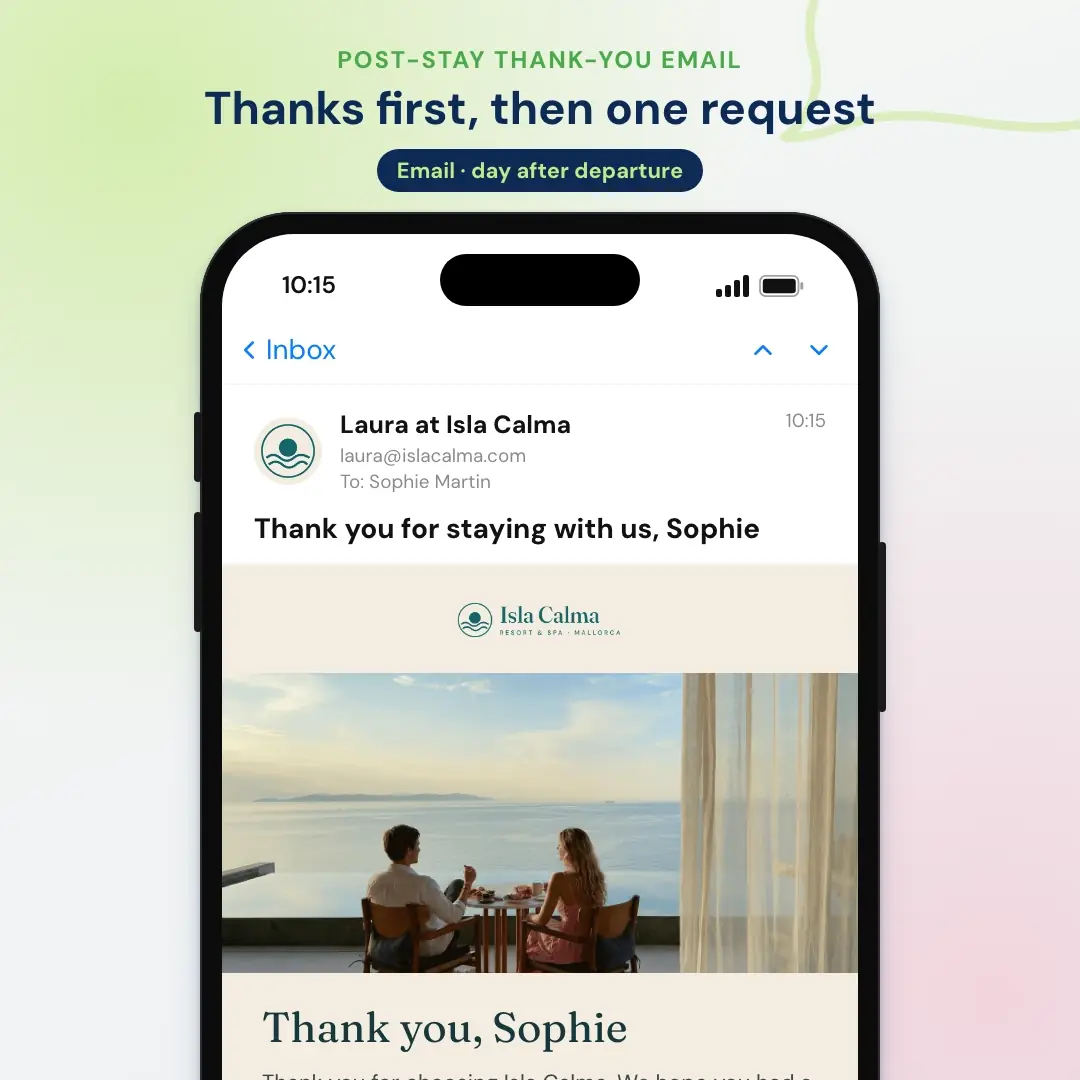 Hotel email marketing example: the post-stay thank-you and review request email from a Mallorca resort, opened in a mail app on a phone