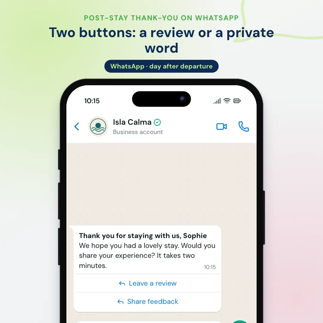Hotel email marketing example moved to WhatsApp: the post-stay thank-you on WhatsApp with review and feedback buttons; the guest shares feedback and guest relations replies