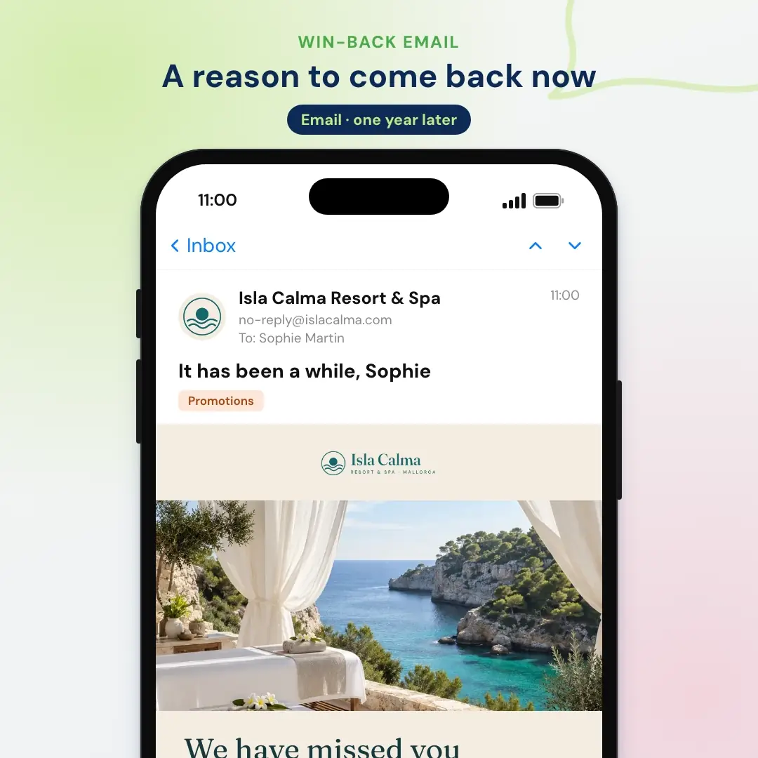 Hotel email marketing example: the win-back email to past guests from a Mallorca resort, opened in a mail app on a phone