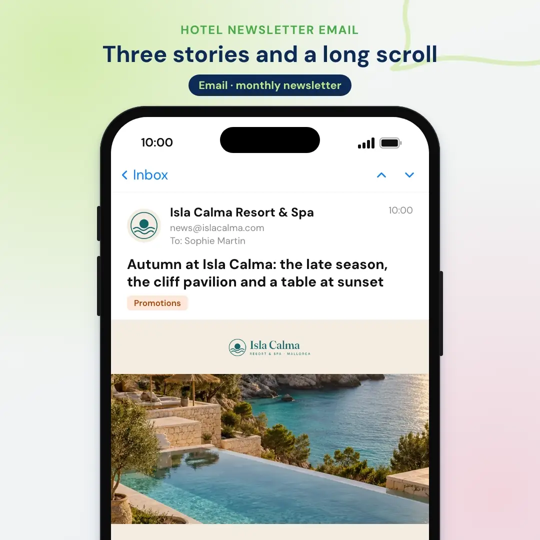 Hotel email marketing example: the hotel newsletter email from a Mallorca resort, opened in a mail app on a phone