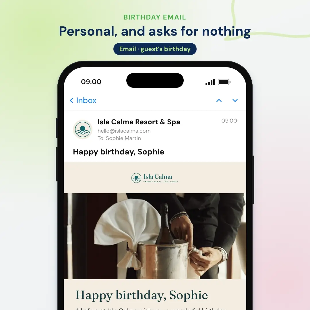 Hotel email marketing example: the birthday email from a Mallorca resort, opened in a mail app on a phone