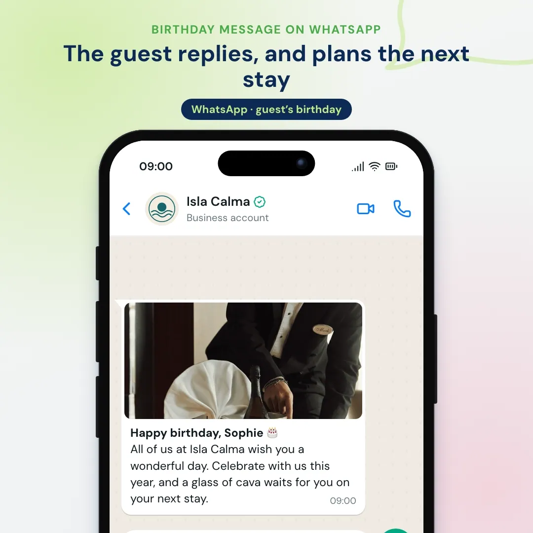 Hotel email marketing example moved to WhatsApp: the birthday message on WhatsApp; the guest replies with plans to return and guest relations offers the same room