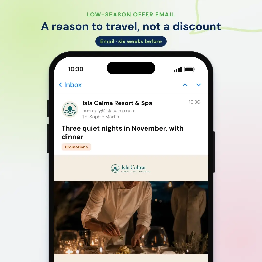 Hotel email marketing example: the low-season offer email from a Mallorca resort, opened in a mail app on a phone