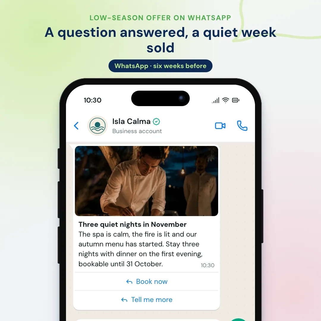 Hotel email marketing example moved to WhatsApp: the low-season offer on WhatsApp; the guest asks about the pool, the AI answers and sends the booking page