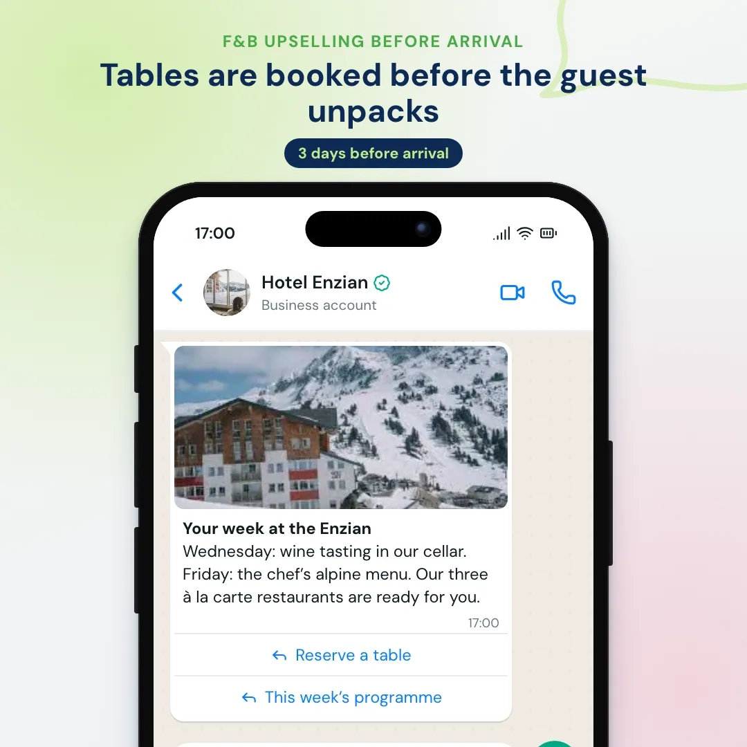 WhatsApp pre-arrival message from a hotel restaurant: guest reserves a table for Friday 19:30 and accepts the wine pairing