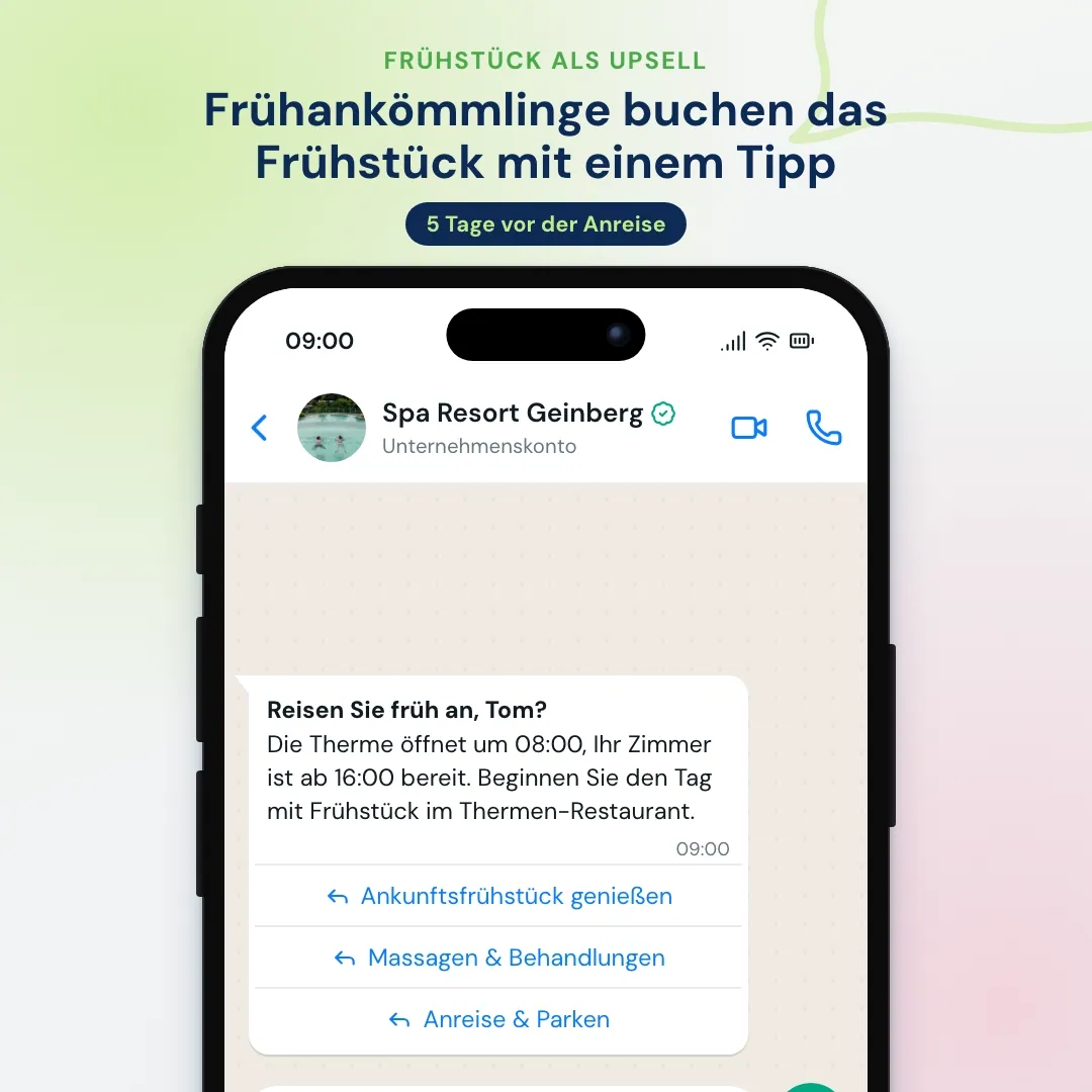 WhatsApp-Nachricht vor der Anreise mit Schnellantwort Ankunftsfrühstück genießen; das Front Office bestätigt Frühstück für zwei ab 08:30