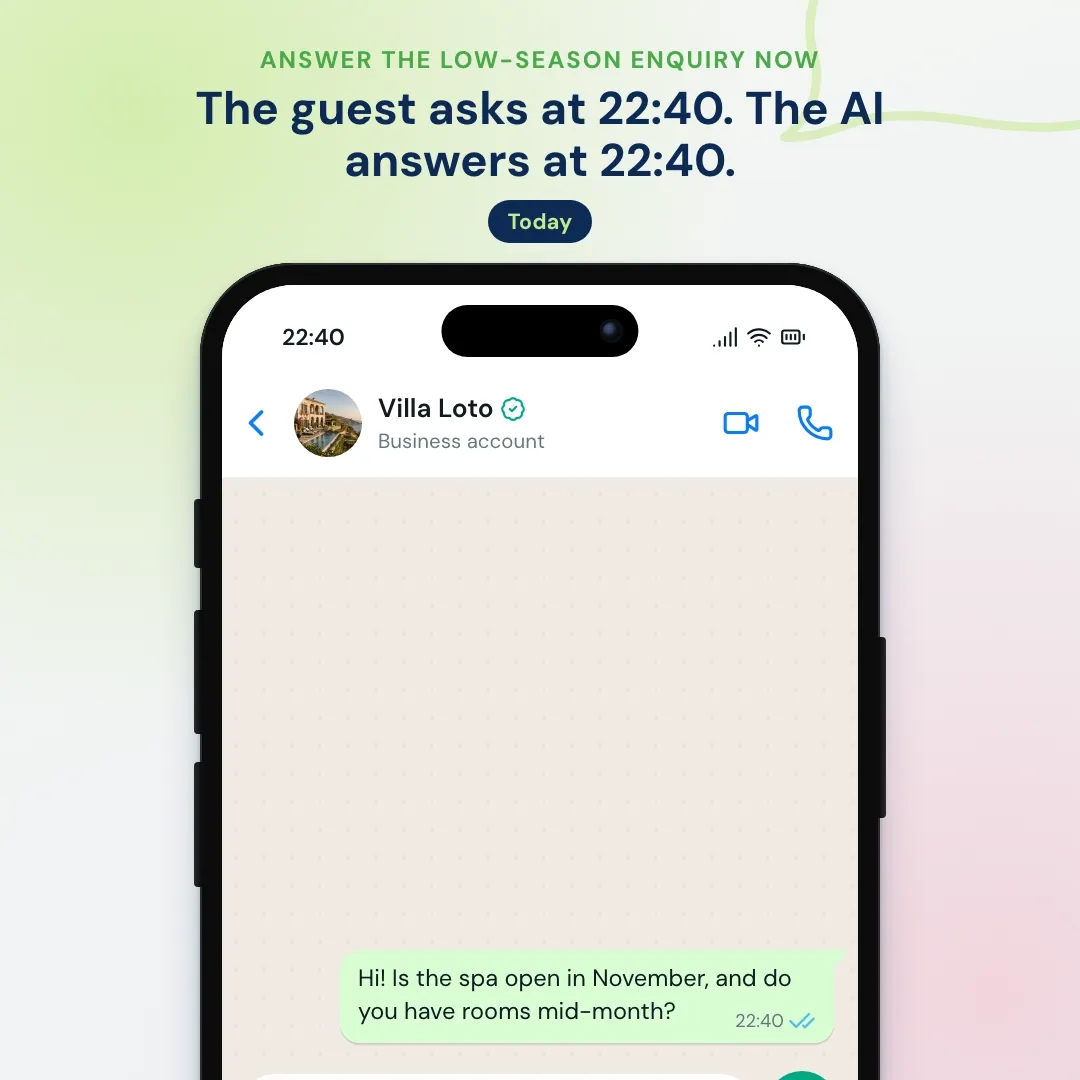 Late-night hotel enquiry on WhatsApp about spa and November rooms: the AI answers and sends the booking page with the guest's dates
