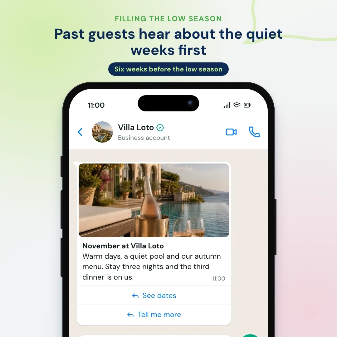 WhatsApp low-season offer to past hotel guests: autumn stay with third dinner included, guest asks for 14 to 17 November and books