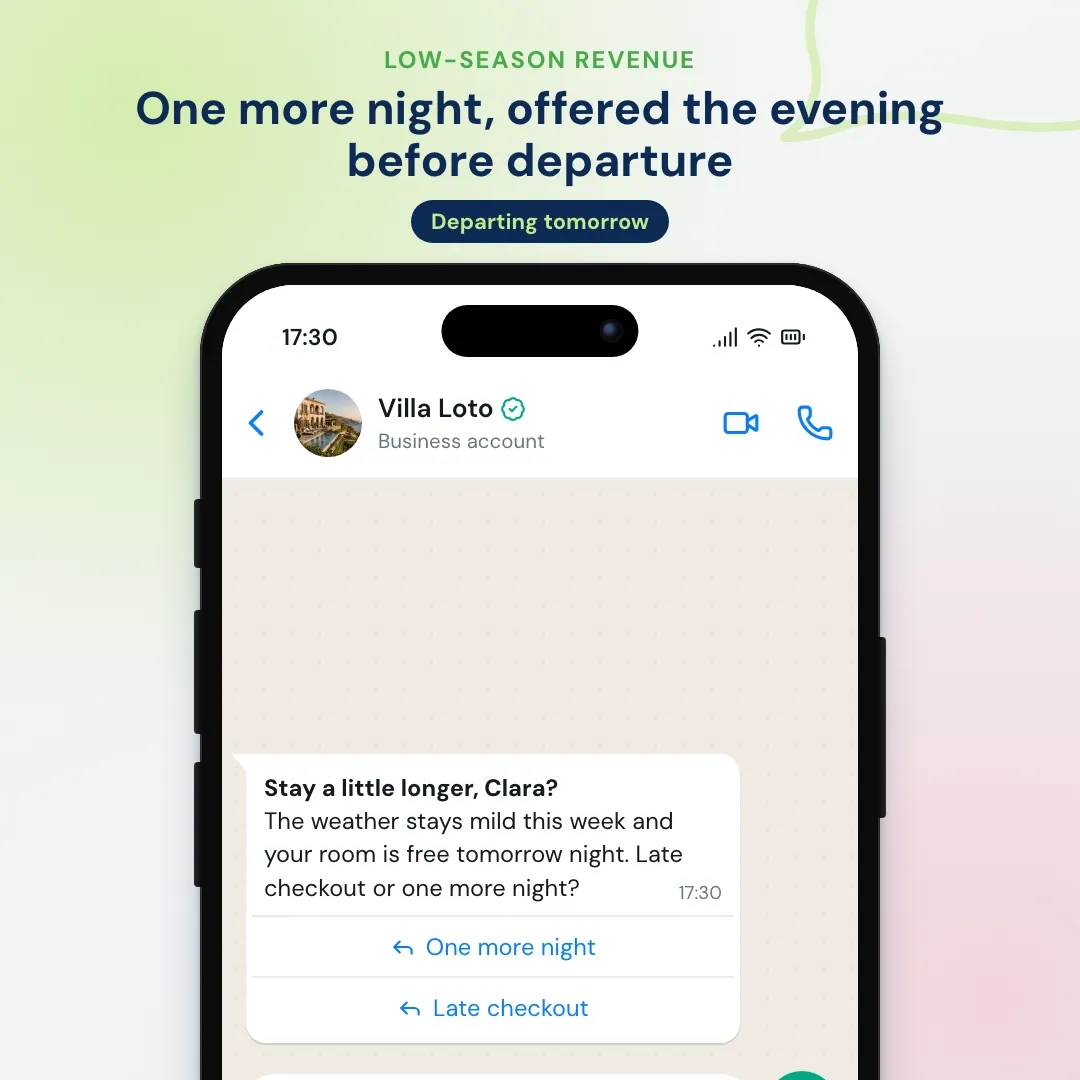 WhatsApp offer from a hotel in low season: one more night or late checkout the evening before departure; the guest stays one more night